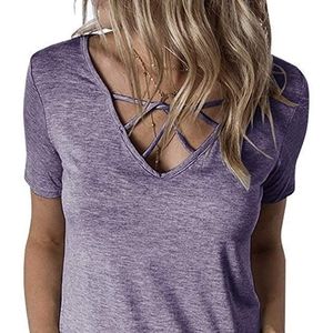 Criss Cross V Neck Top Longer Short Sleeve- Casual
